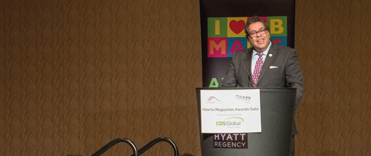 Mayor Nenshi addresses a crowd of more than 200 magazine professionals at the annual Alberta Magazines Awards Gala. Nenshi emphasized the importance of magazines in telling a city’s story.