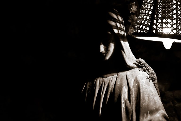 black and white photo of a heavily shadowed robed figure